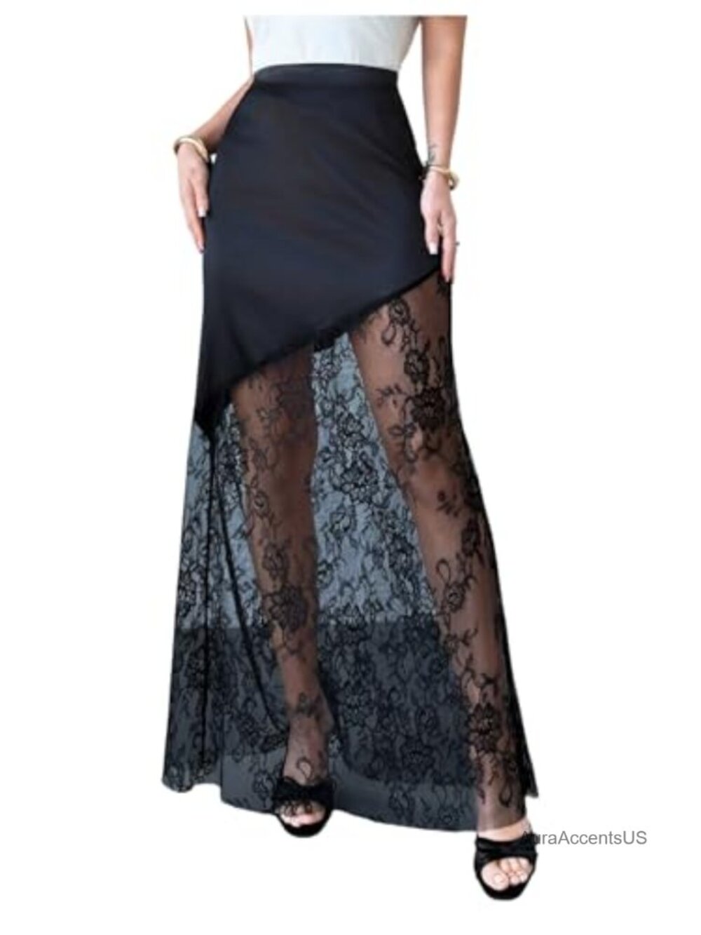 Women's Y2K Satin Lace Maxi Skirt Sheer Silk Party Long Skirt Night Out